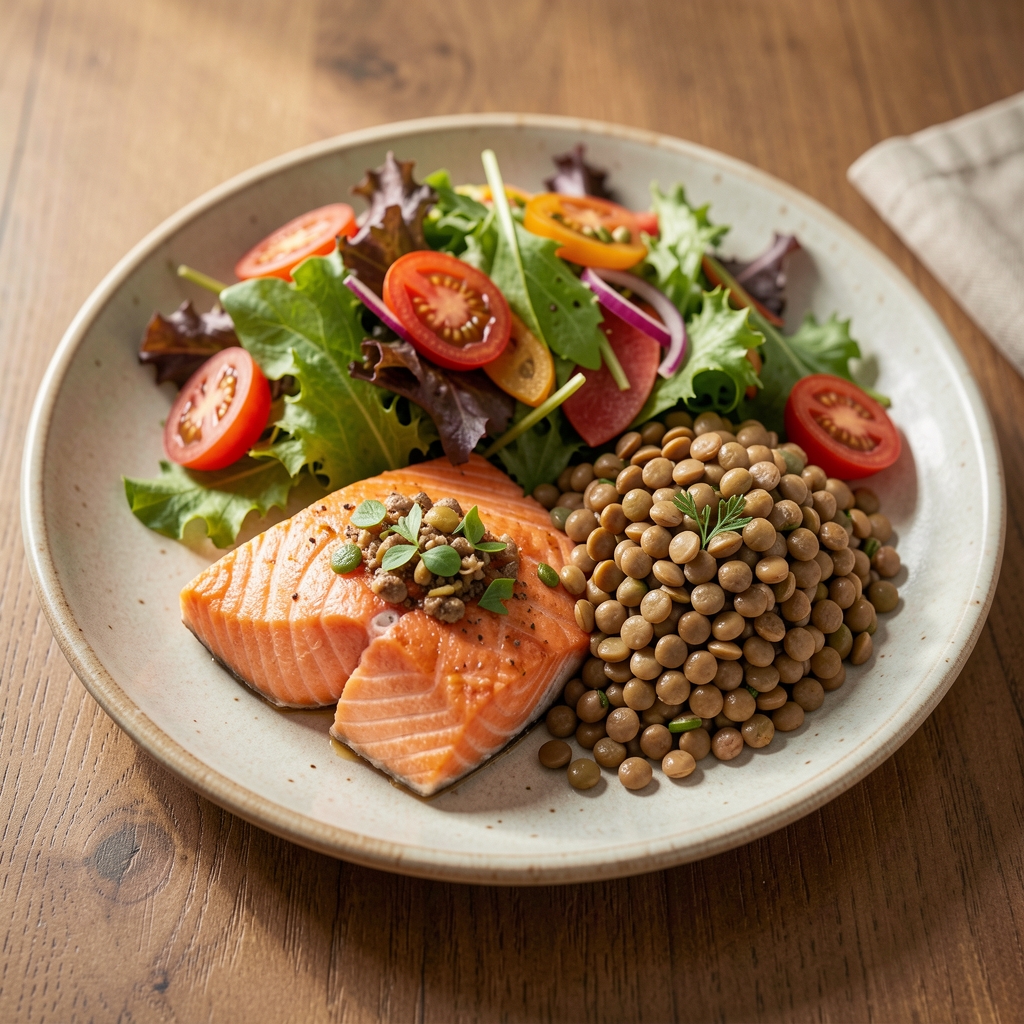 Colourful balanced lunch with salmon, lentils and salad on a ceramic plate