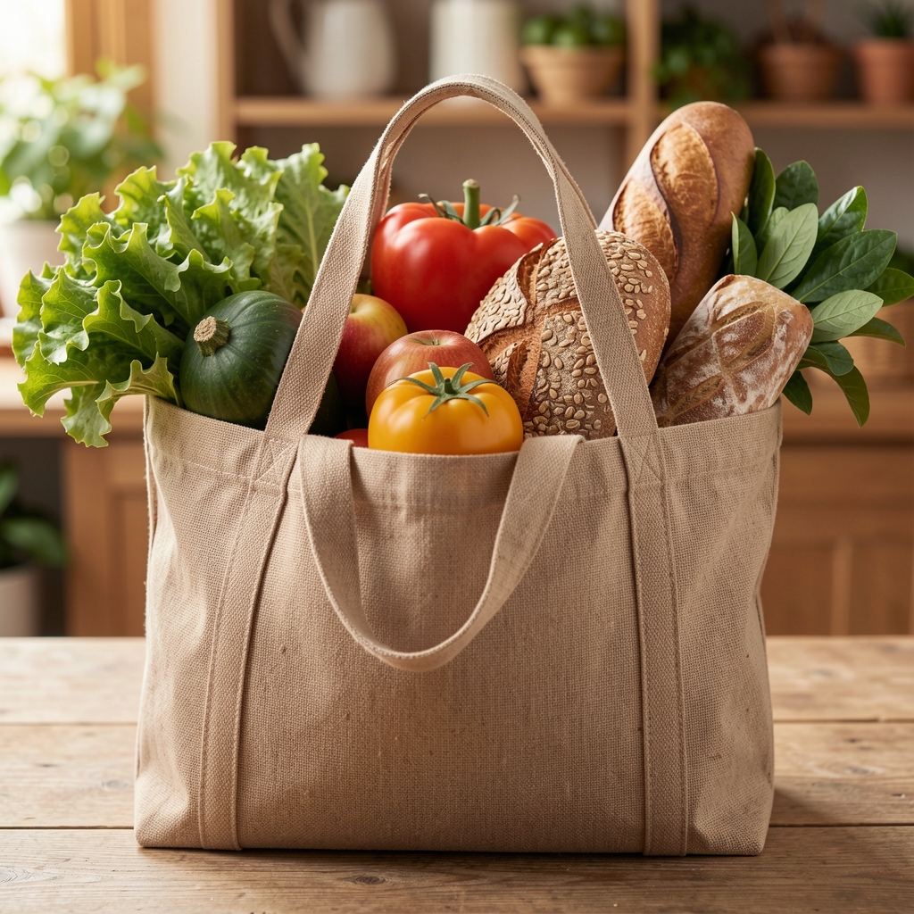 Fresh produce and wholegrain staples arranged in a reusable market bag