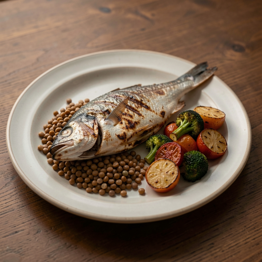 Simple evening meal of grilled fish, lentils and roasted vegetables on a ceramic plate