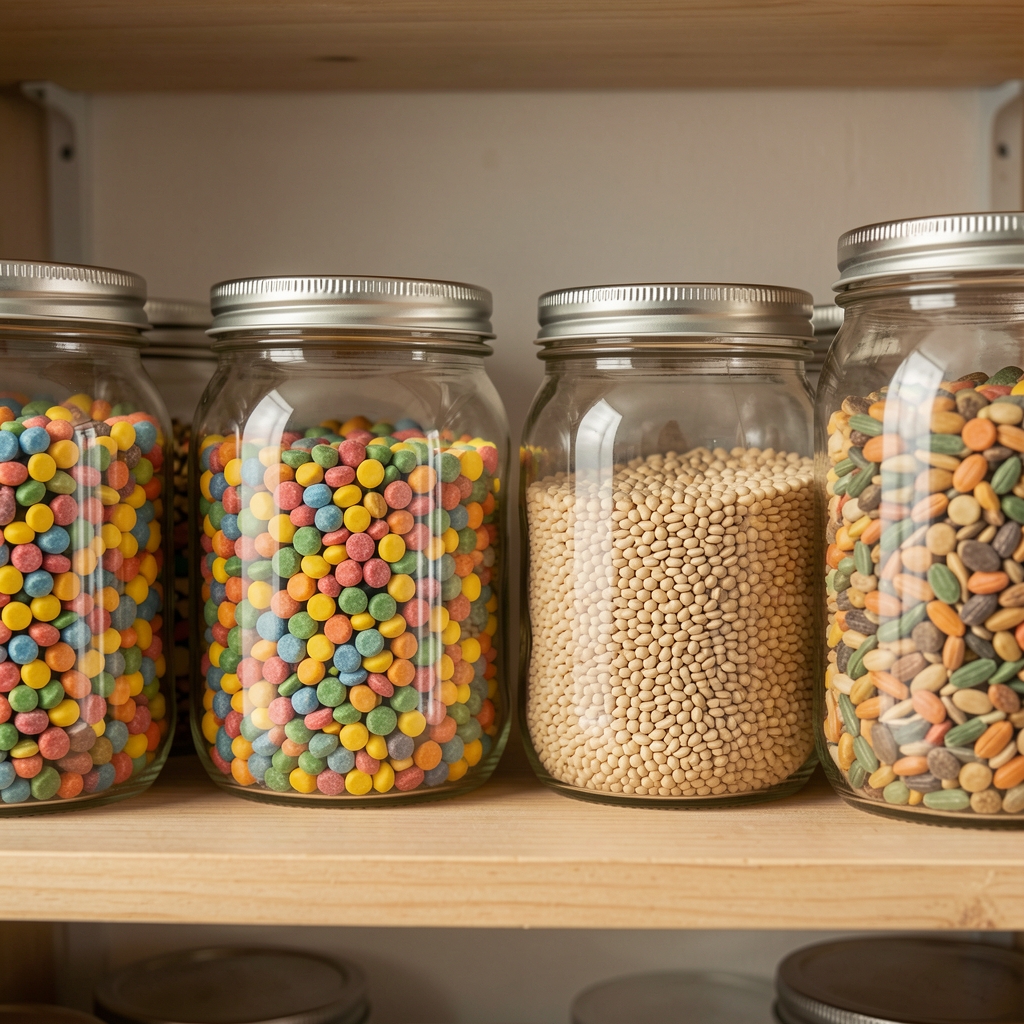 Close view of colourful pulses and grains stored in glass jars on an open pantry shelf