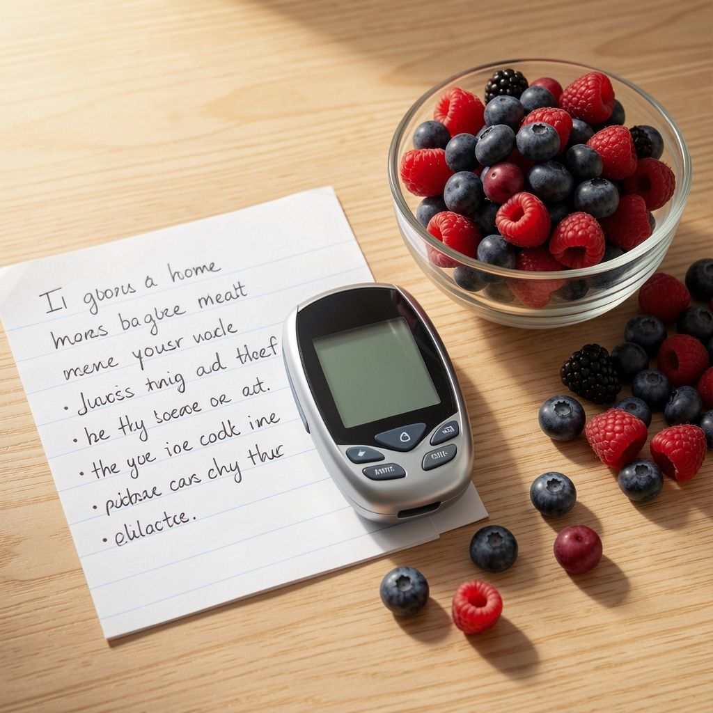 Handwritten glucose and meal notes beside a home blood glucose meter and a bowl of berries