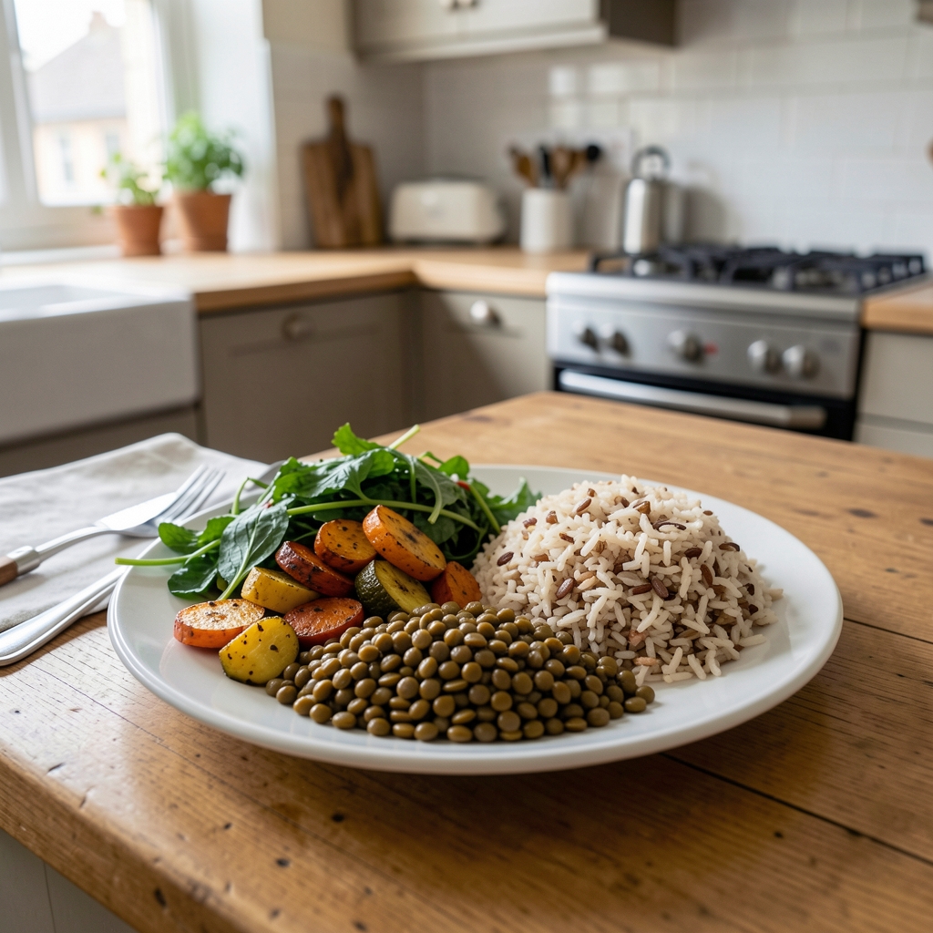 Balanced plate of lentils, roasted vegetables, greens and wholegrain rice photographed in a London home kitchen