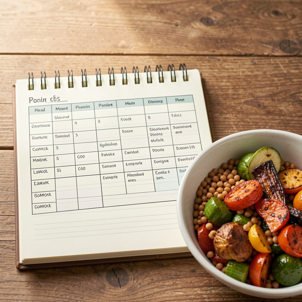Notebook showing a balanced meal planning table beside a bowl of lentils and roasted vegetables