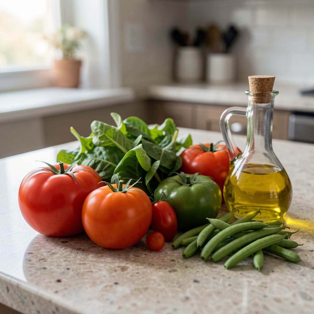 Colourful tomatoes, leafy greens, beans and olive oil arranged on a kitchen counter for a prostate nutrition feature
